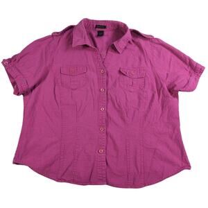 Khazana Womens Plus Size 2X Pink Button Up Short Sleeve Cotton Rayon Shirt